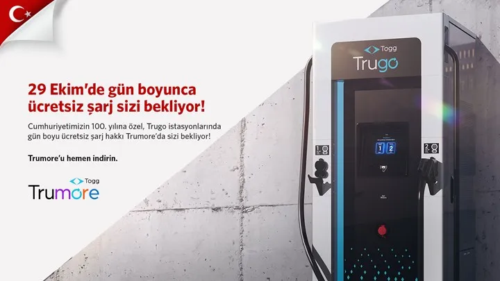 Togg'un Trumore uygulaması 29 Ekim'de ücretsiz şarj veriyor!